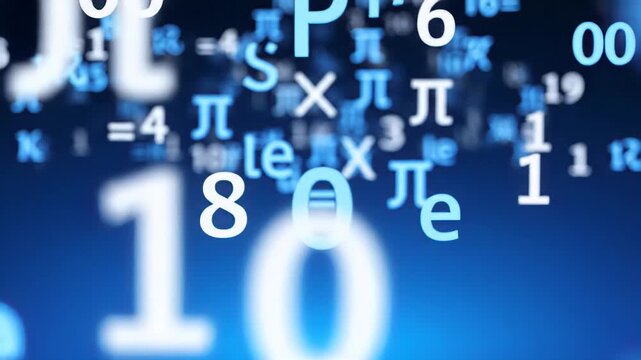 Abstract mathematical symbols and numbers float on a deep blue background
