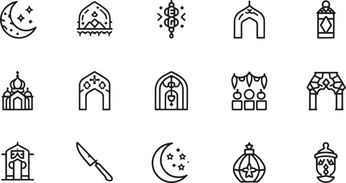 Ramadan Culture and Traditional Architecture Line Icon Set