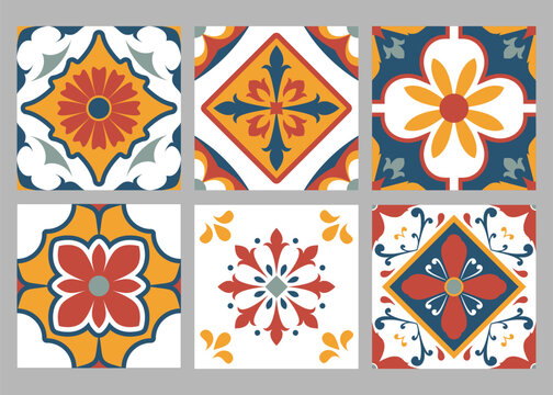 Set vintage mediterranean floral tile pattern seamless