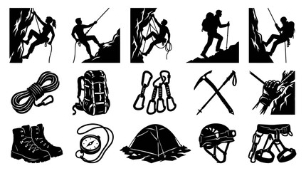 Obraz premium Outdoor Adventure Climbing and Hiking Gear People Silhouettes Vector Icon Set