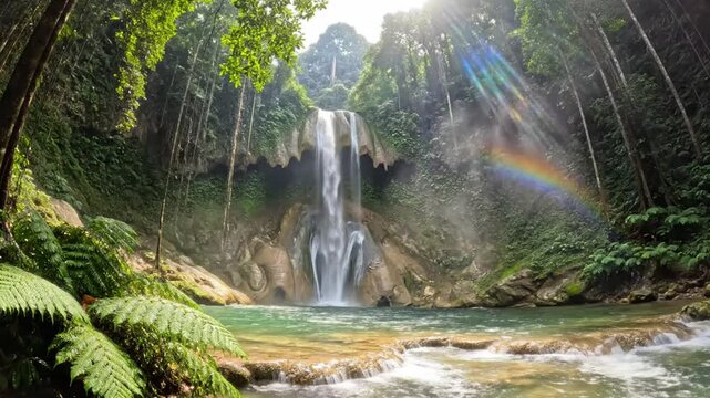 Scenic Waterfall Cascading into a Turquoise Pool with a Rainbow Forming in a Lush Forest Environment