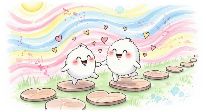 Cute Characters Walking on Heart-Shaped Stones in a Colorful Landscape
