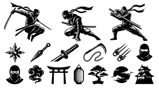 Black and White Ninja Icons: Warriors, Weapons, and Japanese Symbols Vector Art