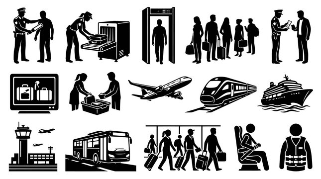 Black and White Travel and Transportation Security Glyph Icons - Airport, Public Transit  Passenger Silhouettes