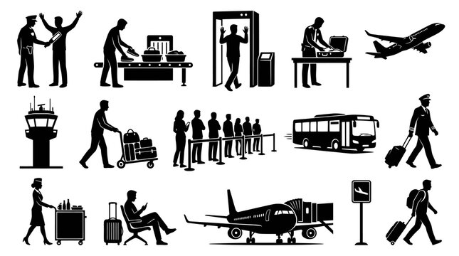 Airport Scene Icons: Security, Travel, Transportation, and Aviation Elements