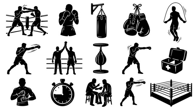 Boxing Sport Black and White Glyph Icons Set. Combat Athlete, Training Equipment, and Ring Silhouettes