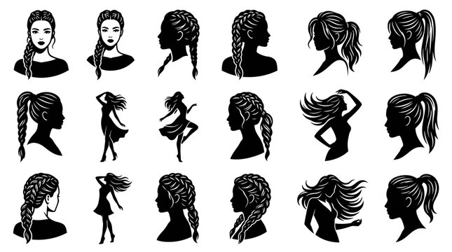 Beauty  Fashion Female Hairstyles and Silhouettes Collection - Black  White Line Art Vector Set