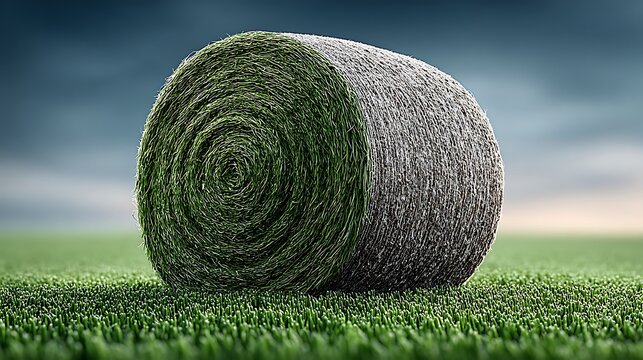 Lone hay bale on vibrant green harvested alfalfa farmland pictures