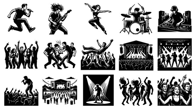 Black and White Vector Music  Entertainment Illustrations: Live Concerts, DJs, Bands, Dancers, and Audience.