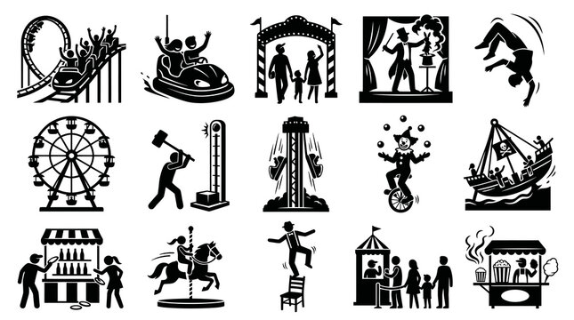 Black and White Glyph Icons of Amusement Park Rides, Carnival Games, and Fairground Attractions