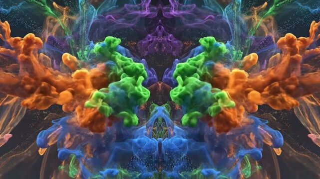 Abstract liquid ink explosion art background with colorful paint plumes symmetric design and fluid dynamics.