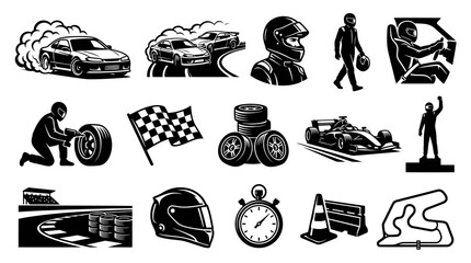 Fototapeta premium Black and White Graphic Racing Icons Set - Motorsport Automotive Sports Vector Elements