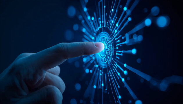 Finger touching glowing digital interface with abstract network connections