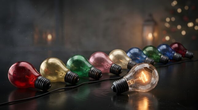Colorful vintage edison bulbs string lights on reflective surface