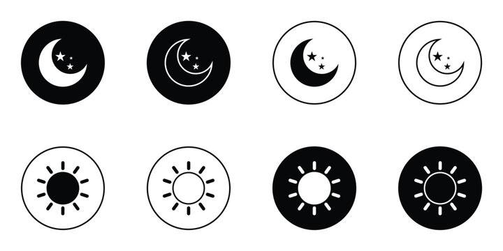 Day and Night Mode Icon Set Vector Collection for UI, App Interface. mobile apps, websites, dashboards, dark mode interfaces, weather applications, settings menus, and digital design projects.