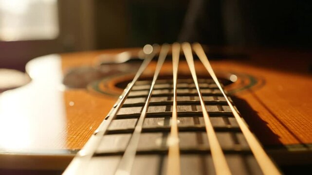 Low angle view of acoustic guitar fretboard with musician's fingers plucking strings in warm light