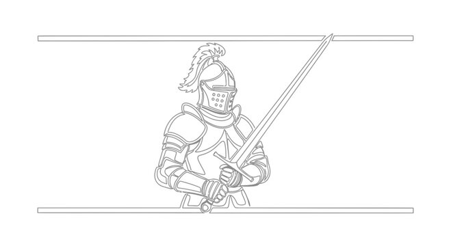 Medieval Knight in Full Armor Holding a Sword, Line Art Illustration
