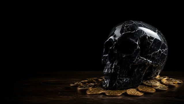Black Marble Skull on Antique Gold Coins &mdash; Dark Luxury Vanitas