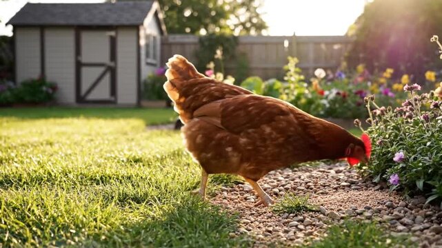 Happy brown hen foraging for food in a beautiful garden on a sunny day near a shed