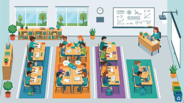 Modern Science Classroom With Students Learning And Teacher Vector Illustration
