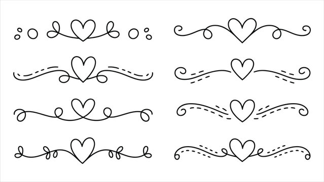 Decorative heart dividers and line borders with doodle swirls and dots for bullet journals.