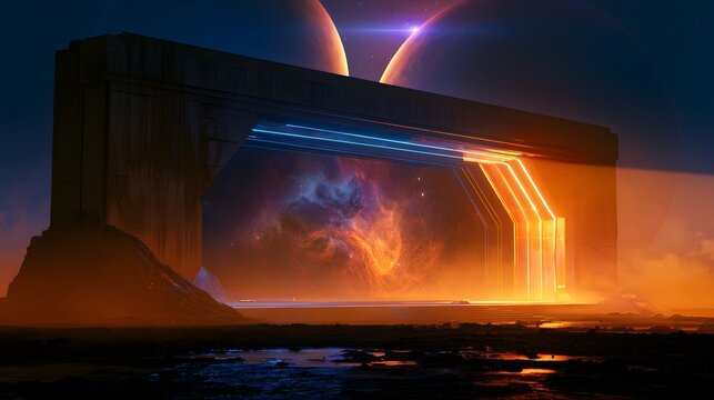 Futuristic observatory reveals binary planets across an alien landscape bathed in neon light