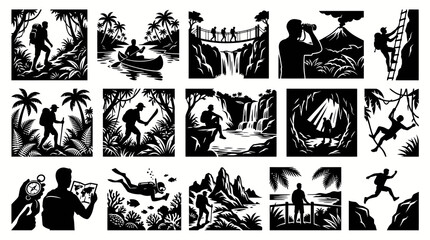 Obraz premium Outdoor Adventure Travel Activities Silhouettes Vector Set - Monochromatic Glyphs for Nature Exploration