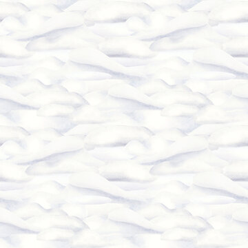 Snow desert with white snowdrifts watercolor seamless pattern. Hand drawn snow hills for winter landscape designs and Christmas greetings. North pole wintertime nature repeat background