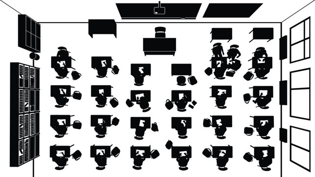 Modern Computer Classroom Vector Illustration With Students And Teacher Learning