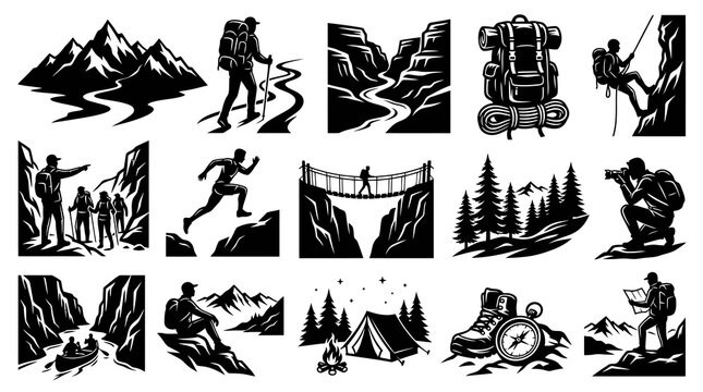 Outdoor Adventure Hiking and Camping Monochrome Glyph Vector Icons Set