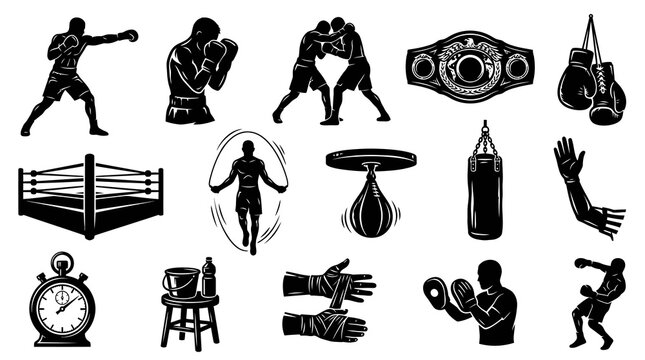 Boxing Sport Elements Set: Athletes, Ring, Gloves  Equipment. Black and White Silhouette Vector Icons