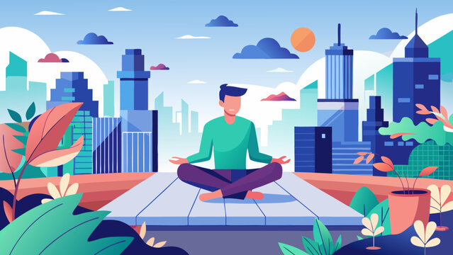 Man meditates peacefully amidst urban skyline, finding calm in modern city life