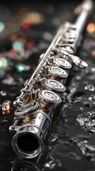 Obraz premium Silver flute on reflective black glass surface for classical music concept images