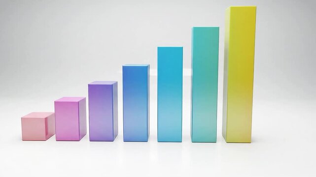 Colorful ascending bar chart made of seven pastel rectangular blocks arranged left-to-right on white background, gradient lighting and soft shadows, minimalist studio setup.