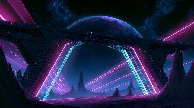 Futuristic bridge meets alien world bathed in neon light a stunning technological vista