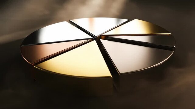 Metallic pie chart with reflective gold, silver, and bronze wedge segments arranged in circle on dark background, dramatic lighting
