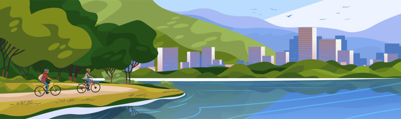 Obraz premium Belo Horizonte cityscape cycling park lake nature skyline modern buildings mountains trees outdoor recreation colorful landscape web banner