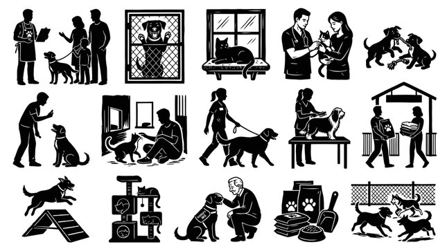 Woodcut Style Pet Care  Animal Welfare Glyphs Set for Veterinary, Training, and Shelter Services