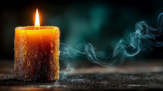 Single tall candle with smooth wax body burning in darkness images