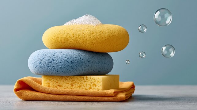 Stacked colorful sponges rest on a cloth. Bubbles float in soft blue background. Sponge textures show cleaning and freshness. Image evokes cleanliness and home care. Ideal for household, hygiene