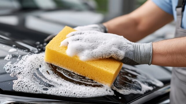 Hands scrub car with soapy sponge. White foam covers black surface. Gloved fingers work carefully. Detail-focused car care scene. Ideal for cleaning, maintenance, or service visuals