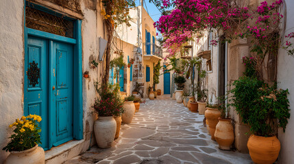 Obraz premium Idyllic Aegean Passage: A Traditional Greek Island Narrow Street with Pristine Whitewashed Walls and Vibrant Blue Accents
