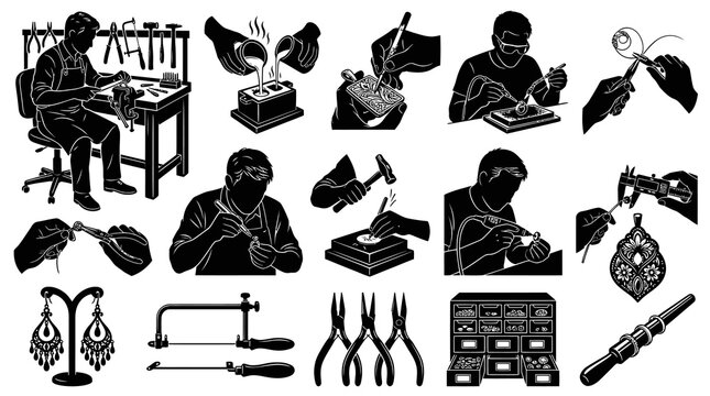 Goldsmith Jewelry Making Process and Artisan Tools Black and White Silhouette Vector Icons Set