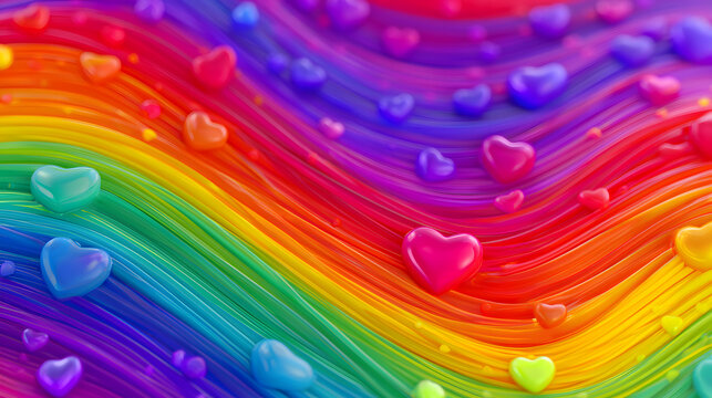 Rainbow gummy heart background with glossy jelly ribbons and playful cheerful candy texture