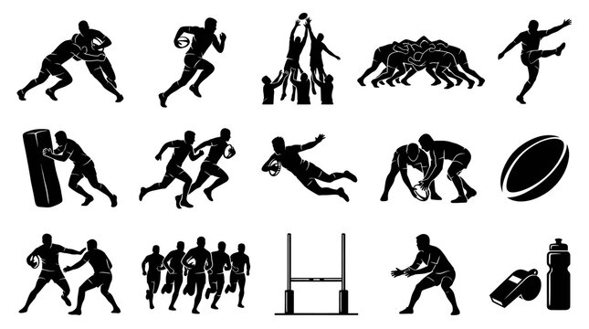 Rugby Sports Icons: Black  White Silhouettes of Players, Ball, Goalposts