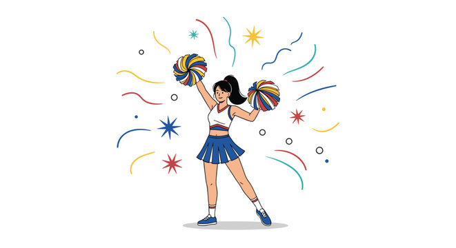 Happy cheerleader girl in a blue and white uniform holds colorful pom-poms while jumping amidst festive confetti and stars in art.