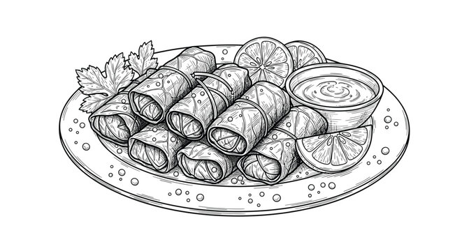Traditional spring rolls are served on a plate with fresh dipping sauce and lemon slices as an appetizing snack in a detailed sketch.