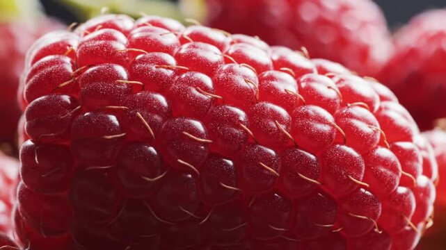 Close up view of fresh, ripe red raspberry fruit on a dark background showing detail and texture with sound