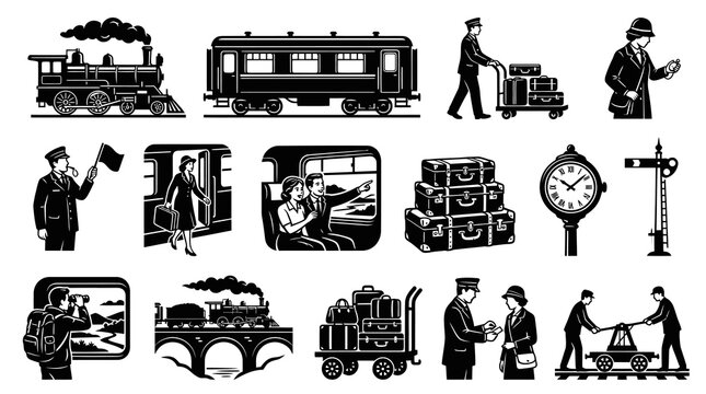 Vintage Train Travel Icons: Conductor, Luggage, Station, Travel - Black  White Vector Art