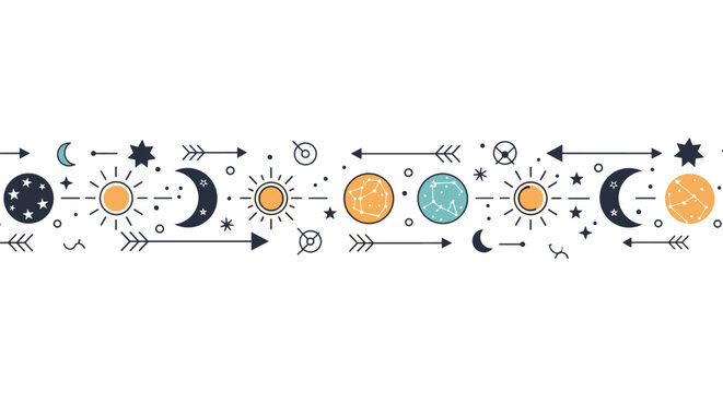 Celestial border pattern includes sun and moon symbols with stars and arrows in a bohemian style for a mystical decorative element.